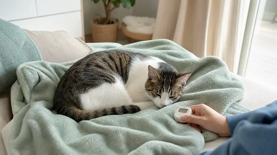 잠든 사이에 가슴이 오르내리는 횟수를 세는 모습. 놀거나 그루밍한 직후가 아니라 완전히 쉬고 있는 시간대에 재야 평소와 견줄 수 있습니다.
