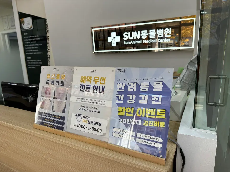 접수 데스크 앞에 놓아 둔 진료 안내판입니다.