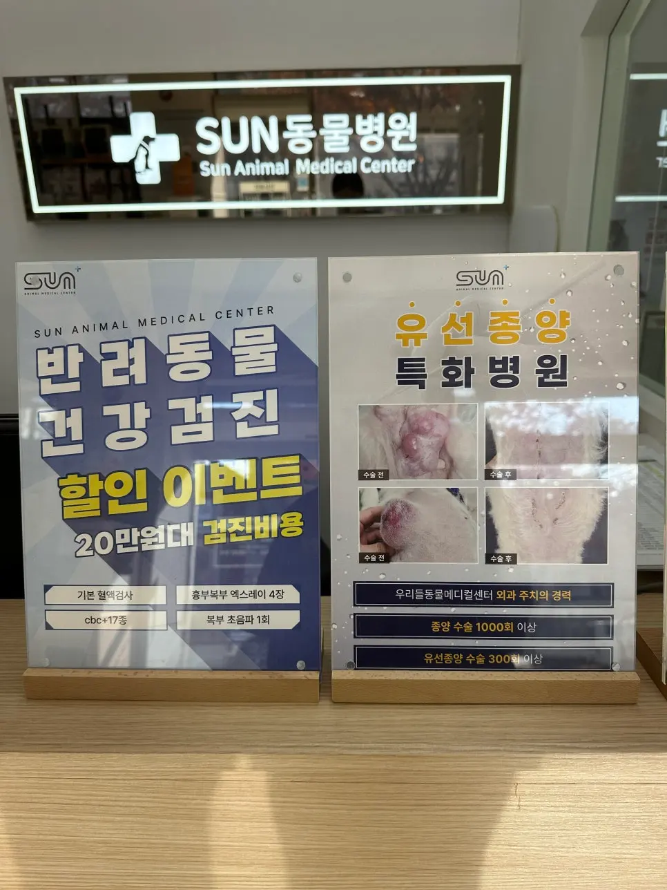 병원 데스크에 놓아 둔 건강검진과 유선종양 진료 안내판입니다.