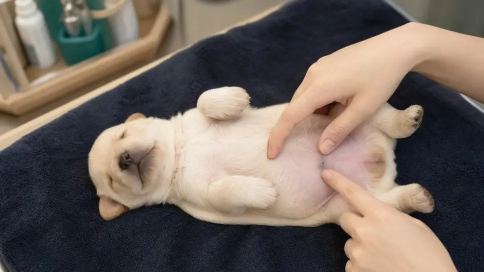 어린 강아지를 눕혀 배꼽 자리를 손가락으로 눌러 보며 안으로 들어가는지 살핍니다