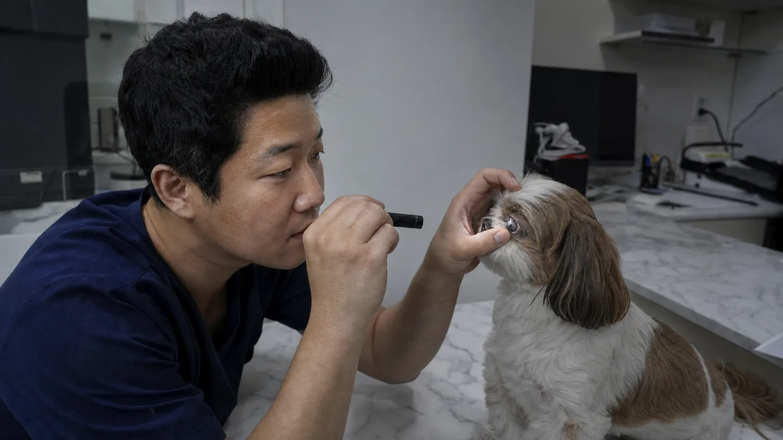 강아지의 눈을 펜라이트로 부드럽게 검사하는 수의사, 안과 진료