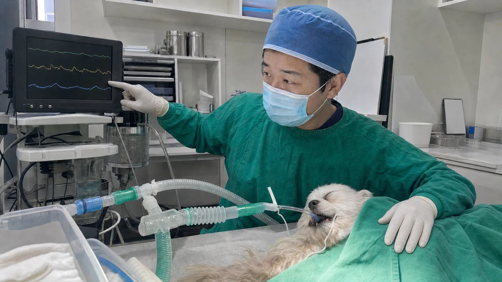 유선종양 수술 중 마취된 노령견의 마취 모니터를 확인하는 수원 썬동물병원 수술실