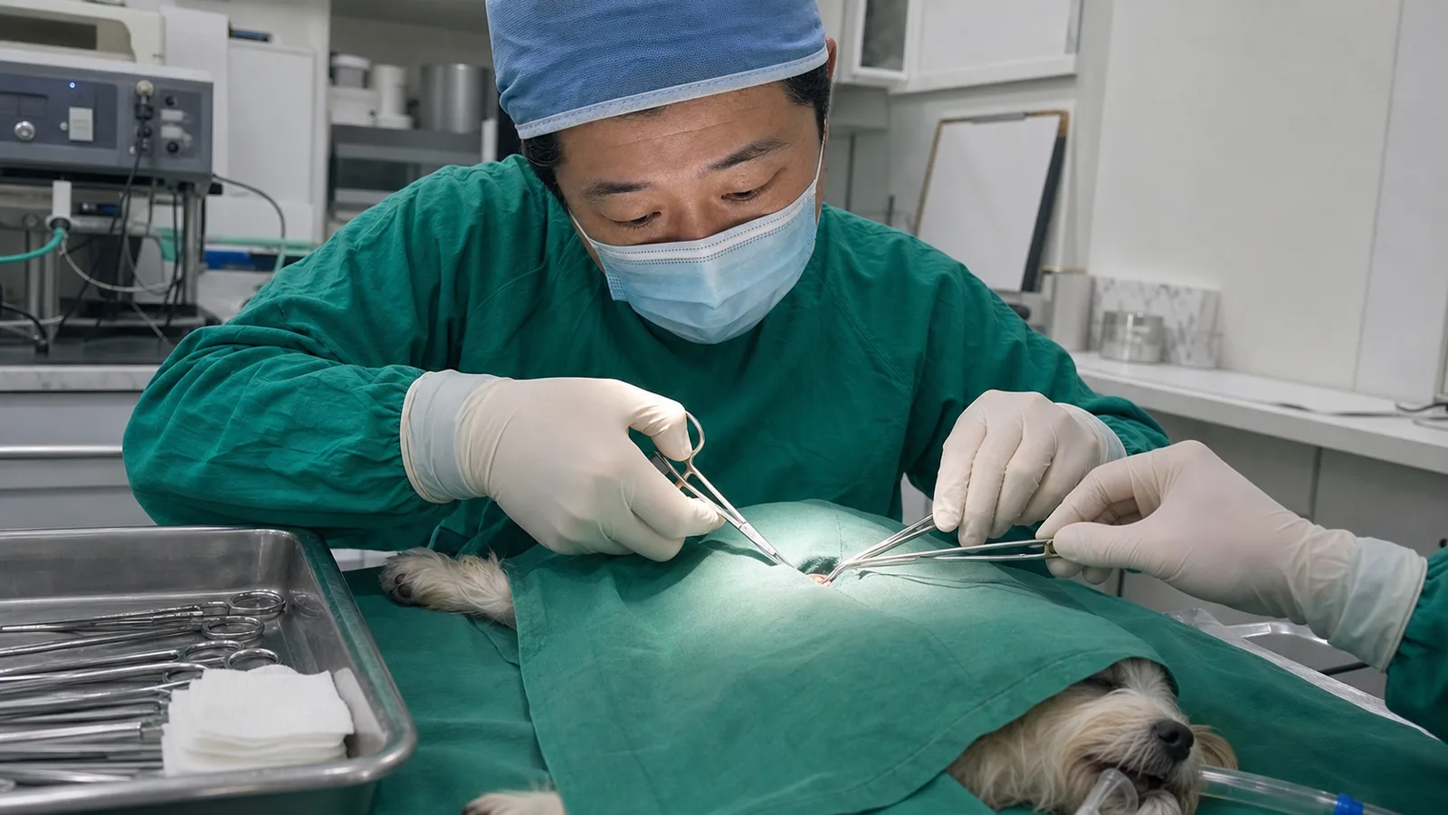무영등 아래에서 중성화 수술을 진행하는 수술팀